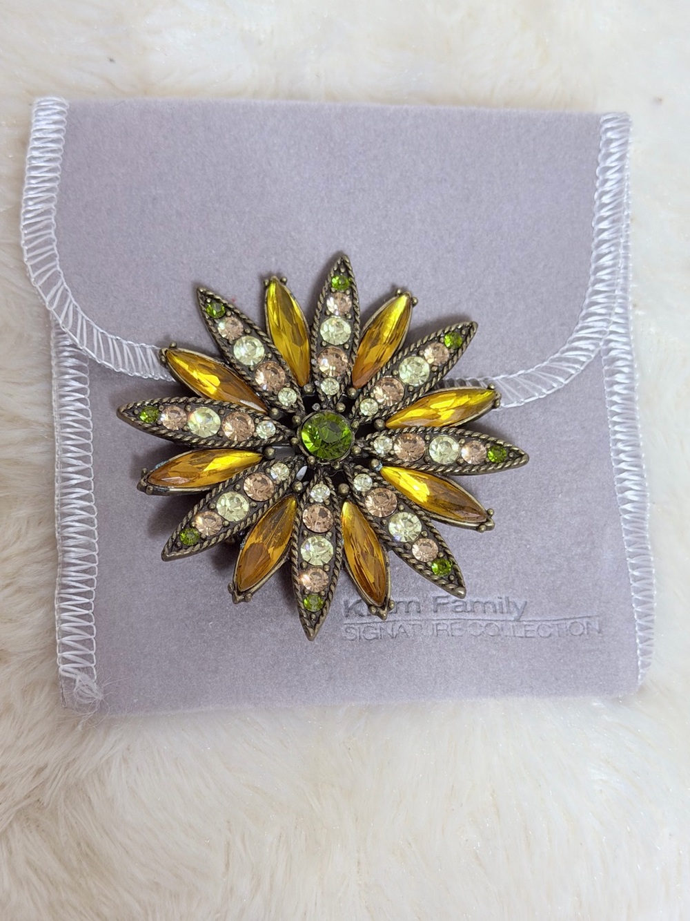 Kiam Family Signed Bronze Tone Yellow Stone Brooch Unique HTF